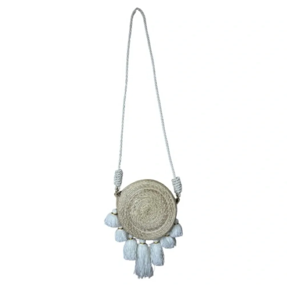 Boho Round Woven Crossbody Bag with Tassels | Teal Embroidery